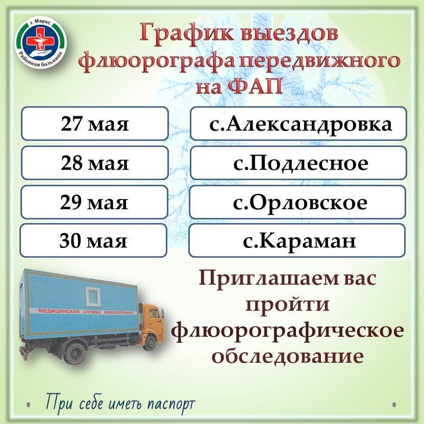 График работы передвижного флюорографа  с 27 по 30 мая.